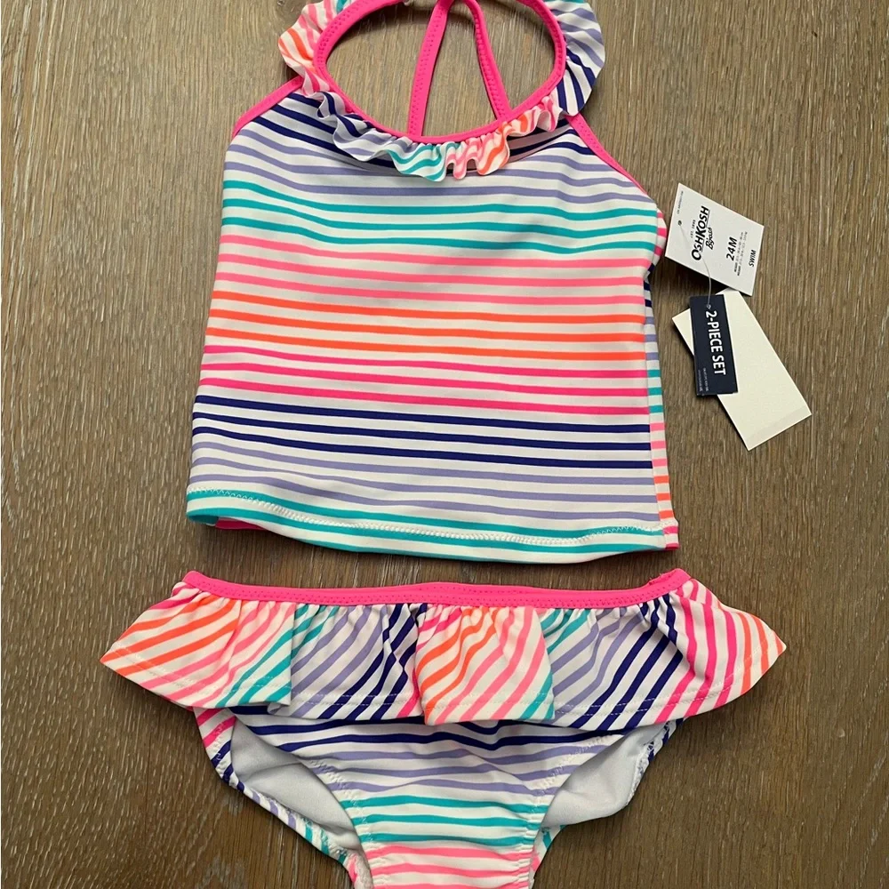 🆕Oshkosh baby girls two piece pastel‎ multicolor striped swim suit 24 mos NWT